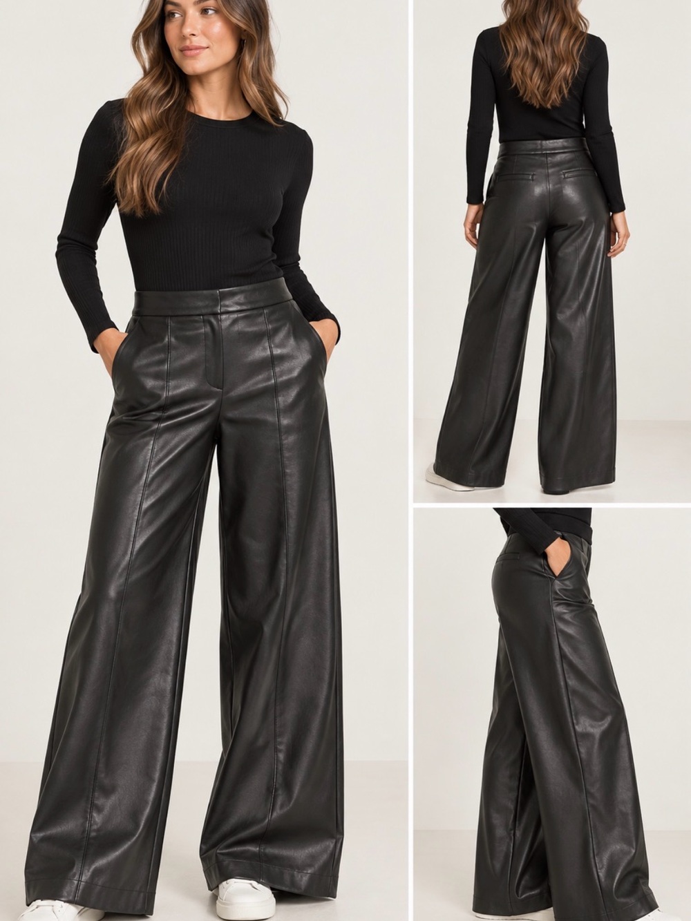 Nine West Black Wide-Leg Faux Leather Trousers NWOT